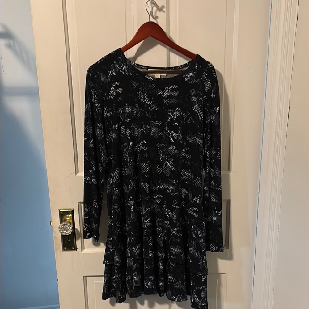 Michael Kors White and Blue Long Sleeve Crew Neck Dress